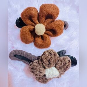 Brown and Cream Plush Flower Hair Clips Set